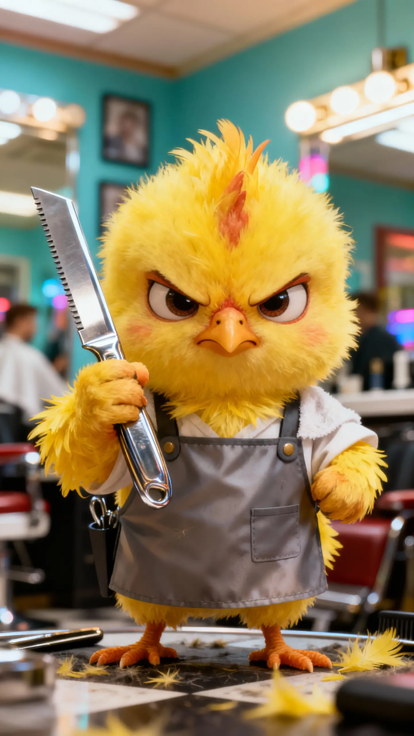 Cartoon chick barber with razor in colorful shop