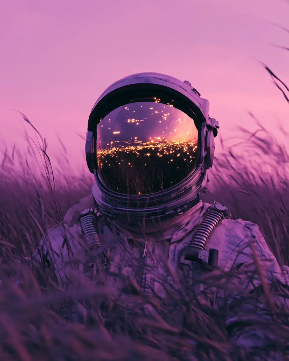 Astronaut Standing In Tall Grass Under A Violet Sky