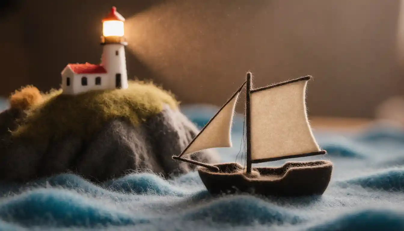 Cozy felt miniature ship beside glowing lighthouse