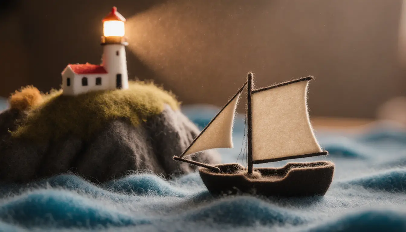 Cozy felt miniature ship beside glowing lighthouse