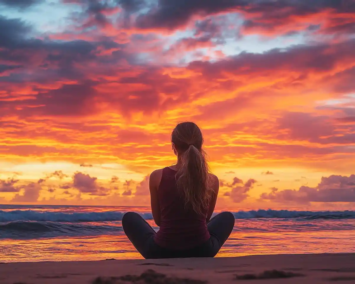 Fit young woman watching sunset on tranquil beach