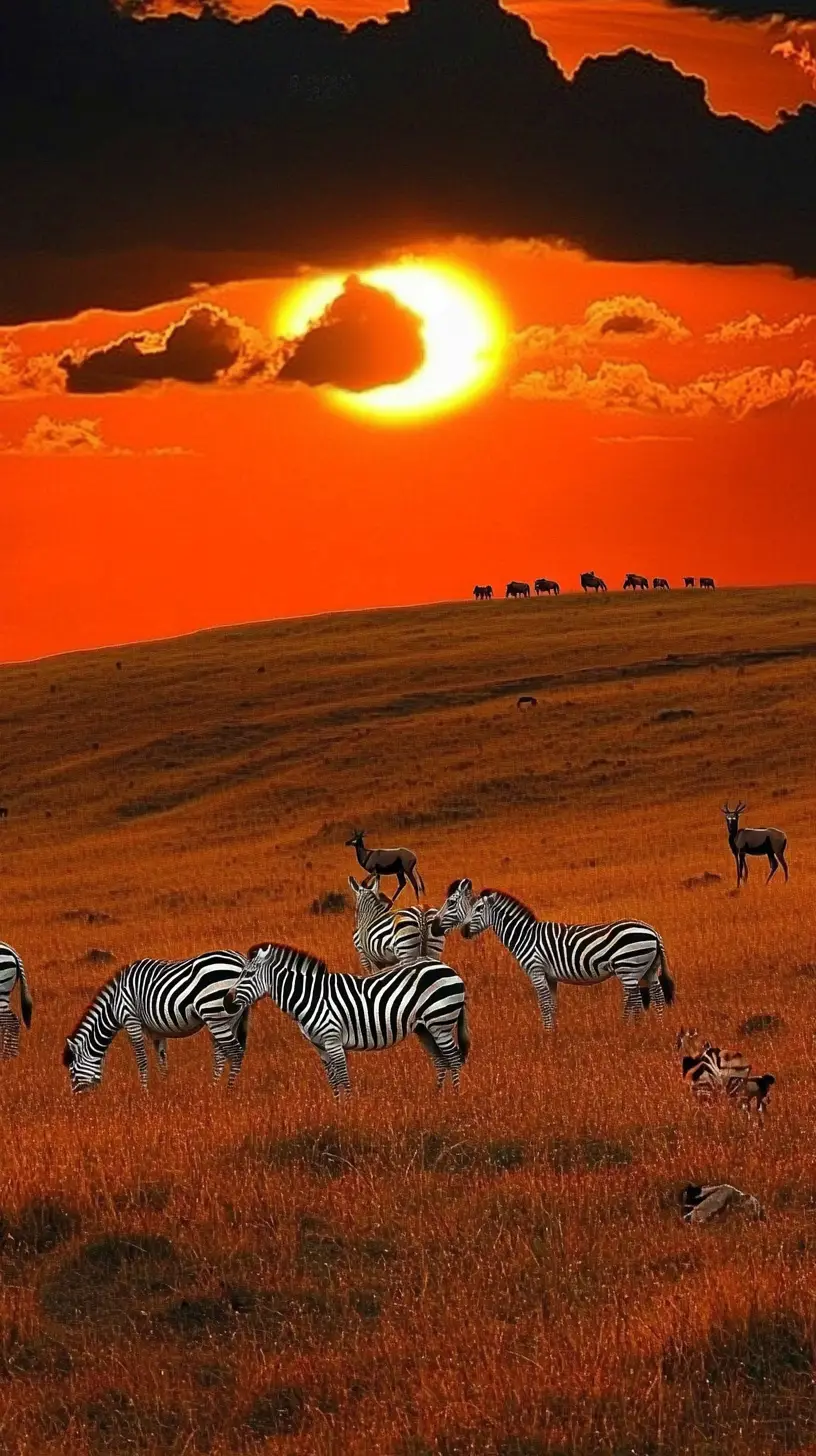 Zebras And Antelopes Grazing On African Savanna At Sunset