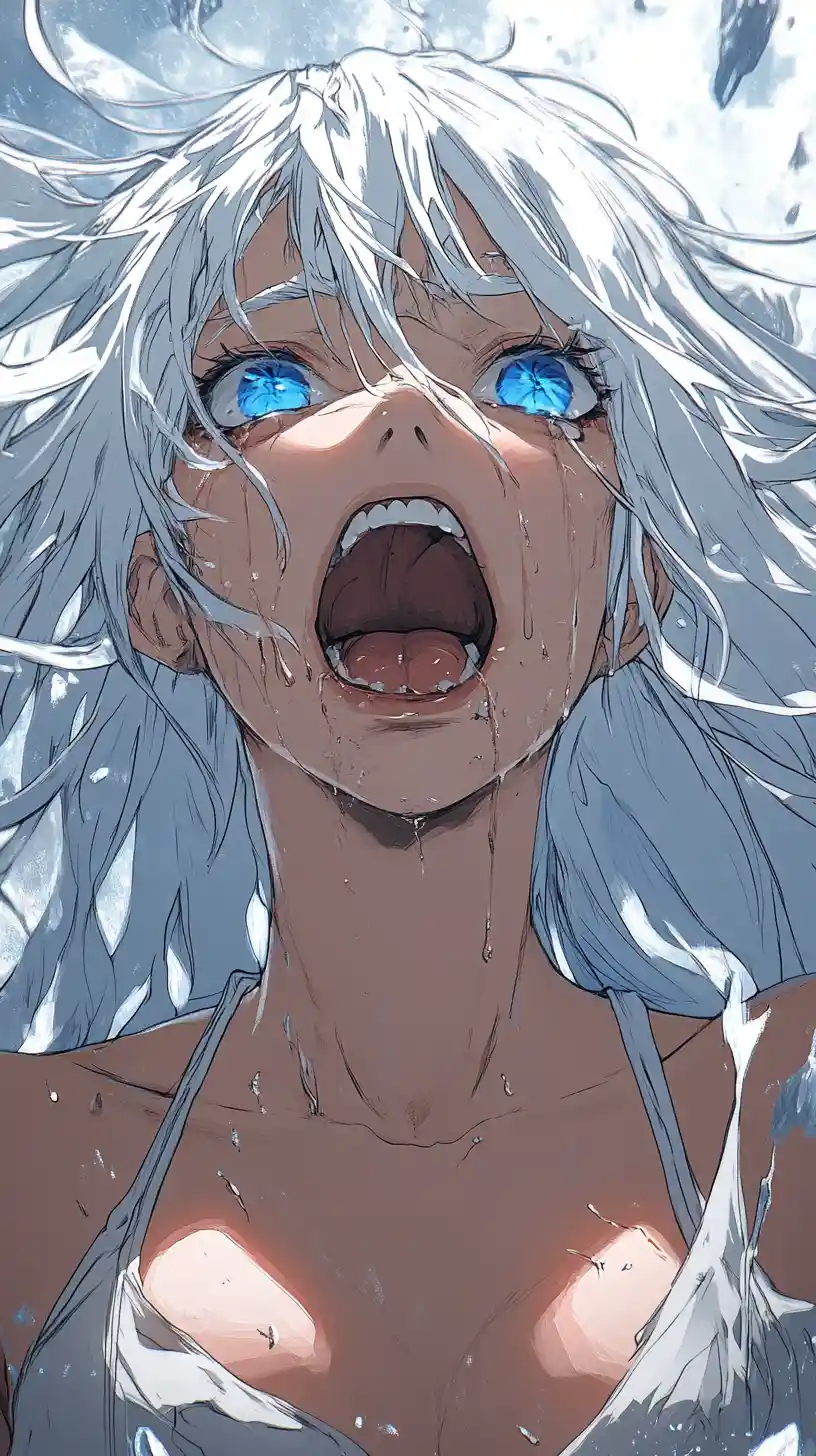 Anime storm goddess with silver hair and anguished gaze