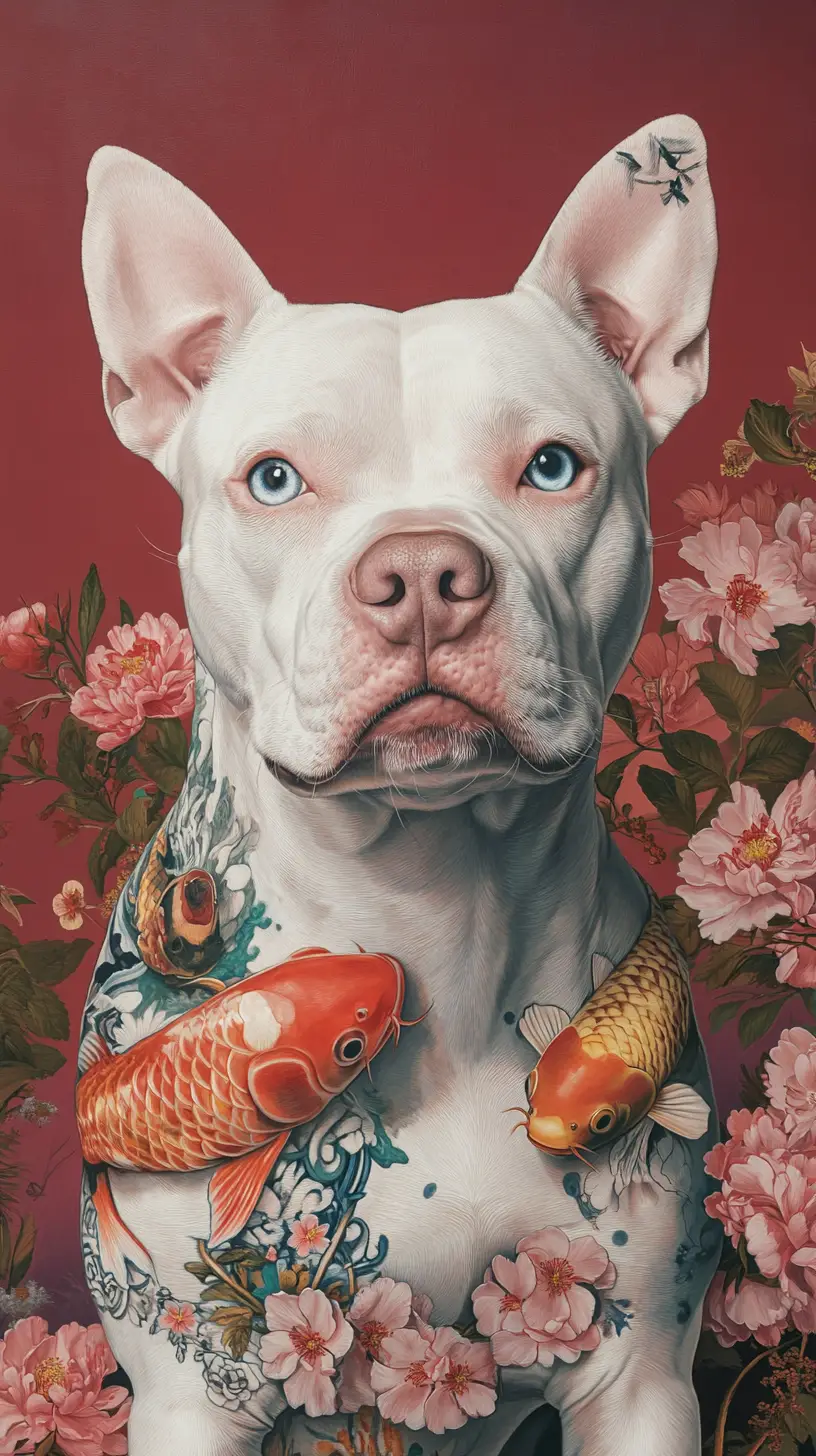 Blue eyed white pitbull portrait with japanese tattoos