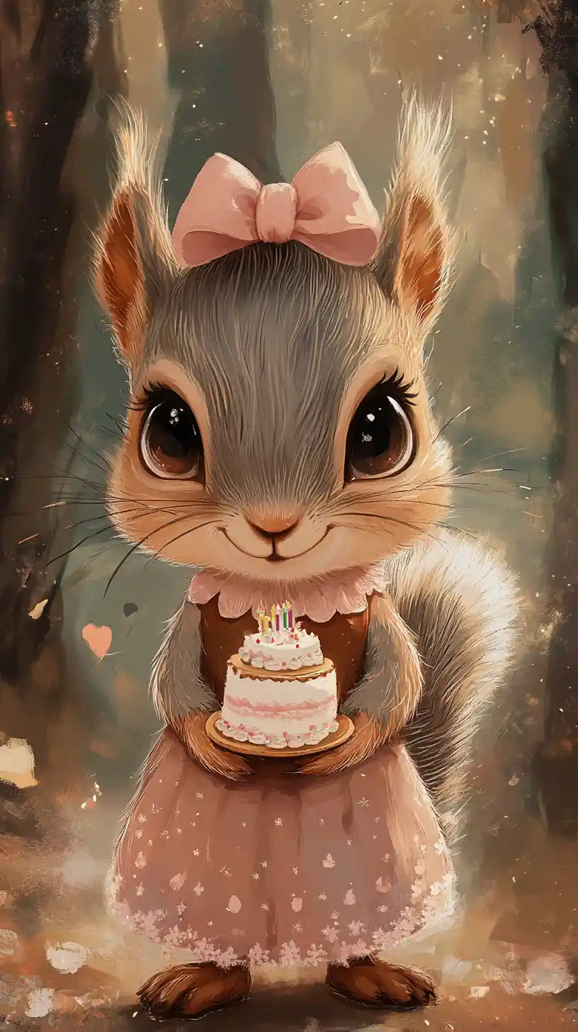 Anthropomorphic Squirrel In Dress Holding Birthday Cake