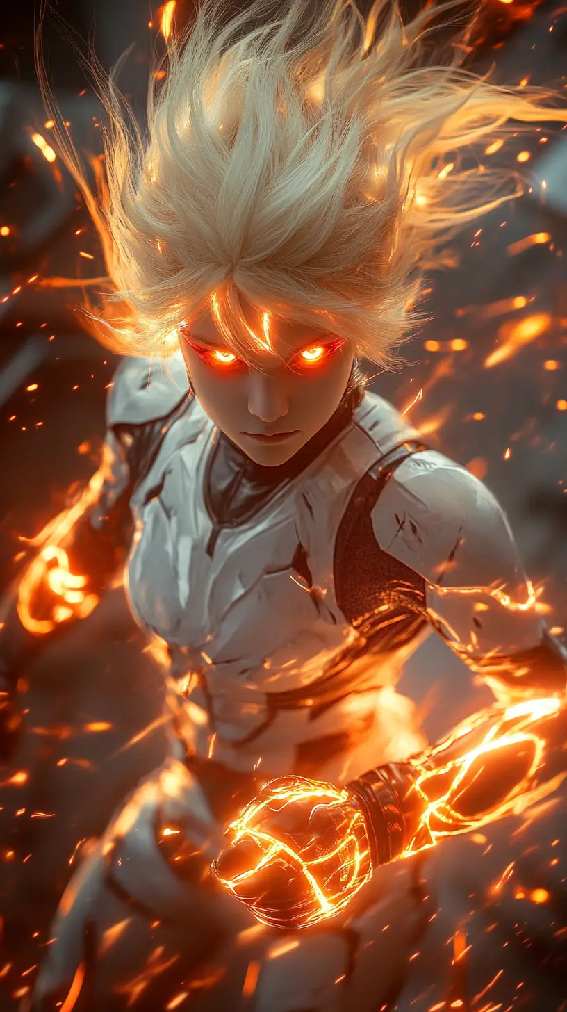 Anime Iron Armored Boy With Fiery Gloves And Lightning Eyes