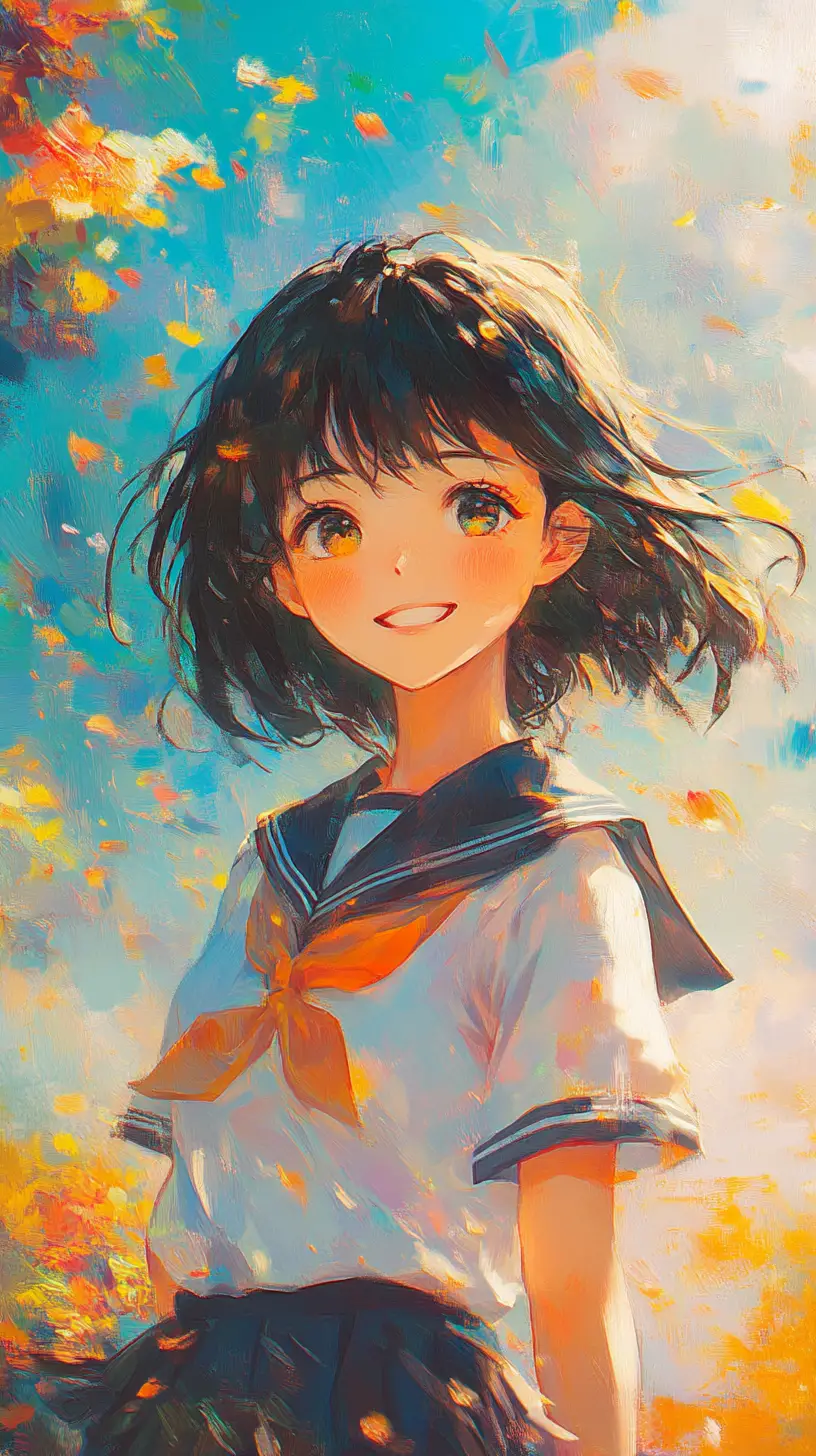 Anime schoolgirl smiling softly on a sunny day