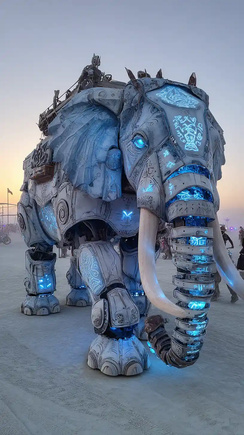 Armored elephants marching through a moonlit desert