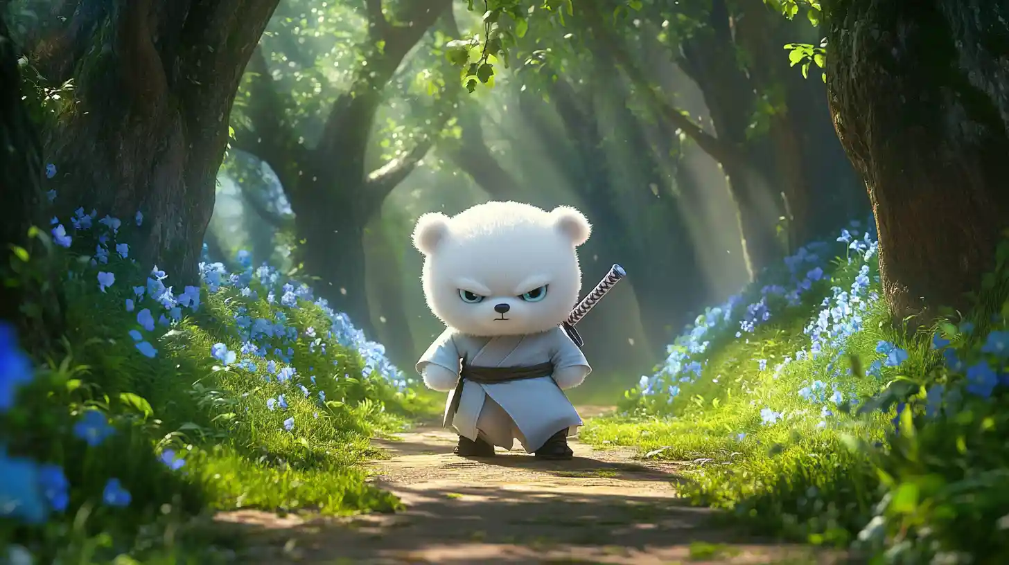 Cute white teddy bear ninja on a forest path