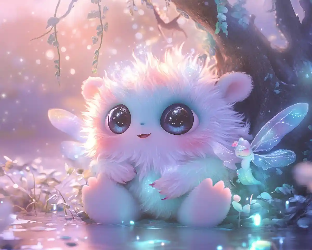 Chibi fairy cuddling a goofy pastel fantasy creature