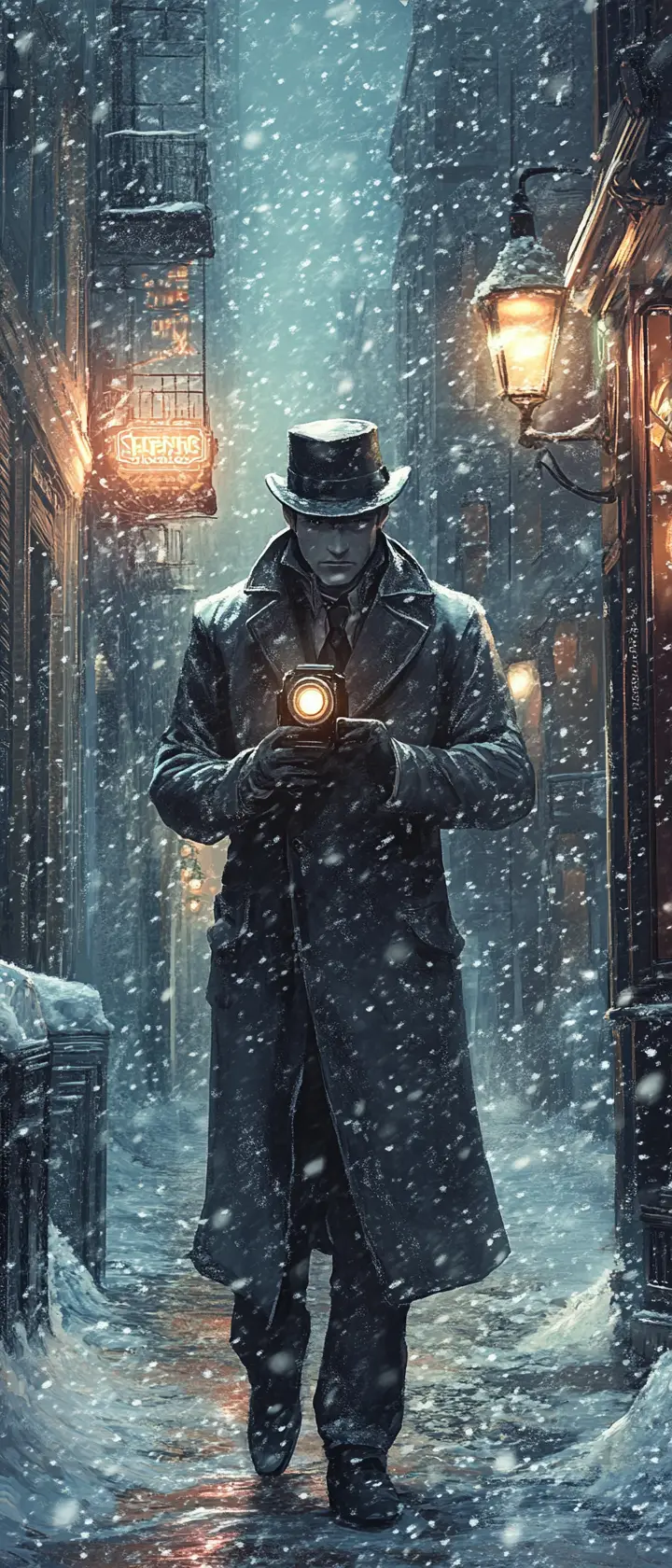 Anime detective in snowy 1940s city alley at night