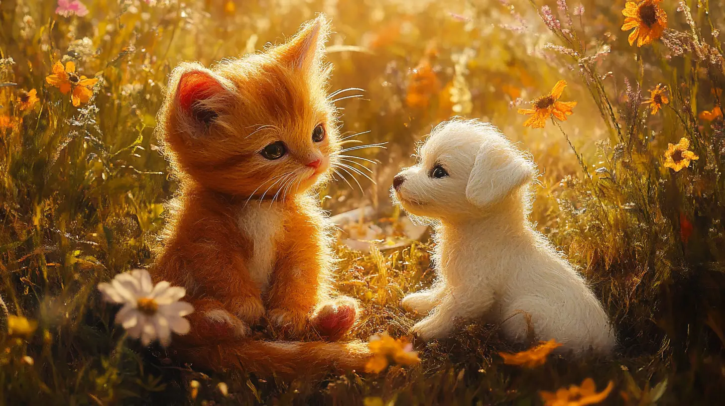 Plush kitten and puppy in a sunny wildflower meadow