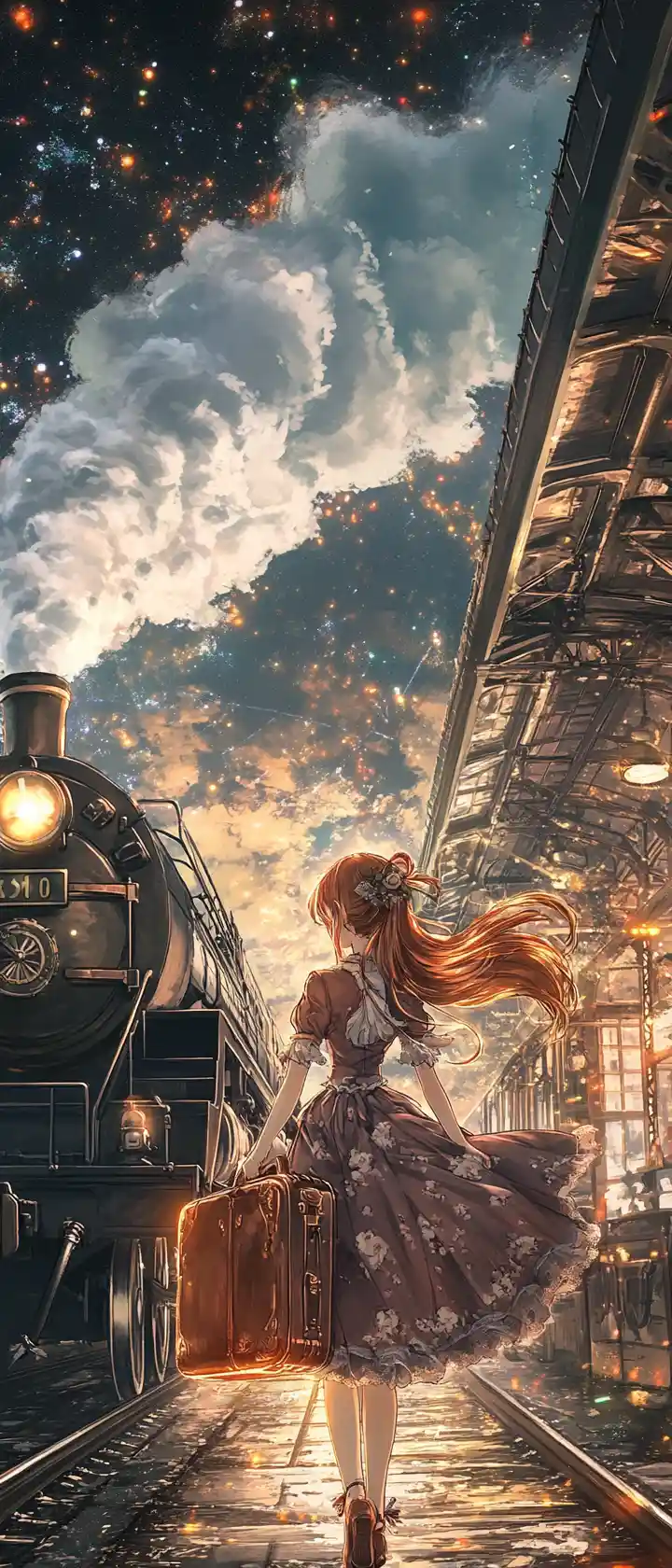 Anime Woman At Starry Vintage Train Station At Twilight