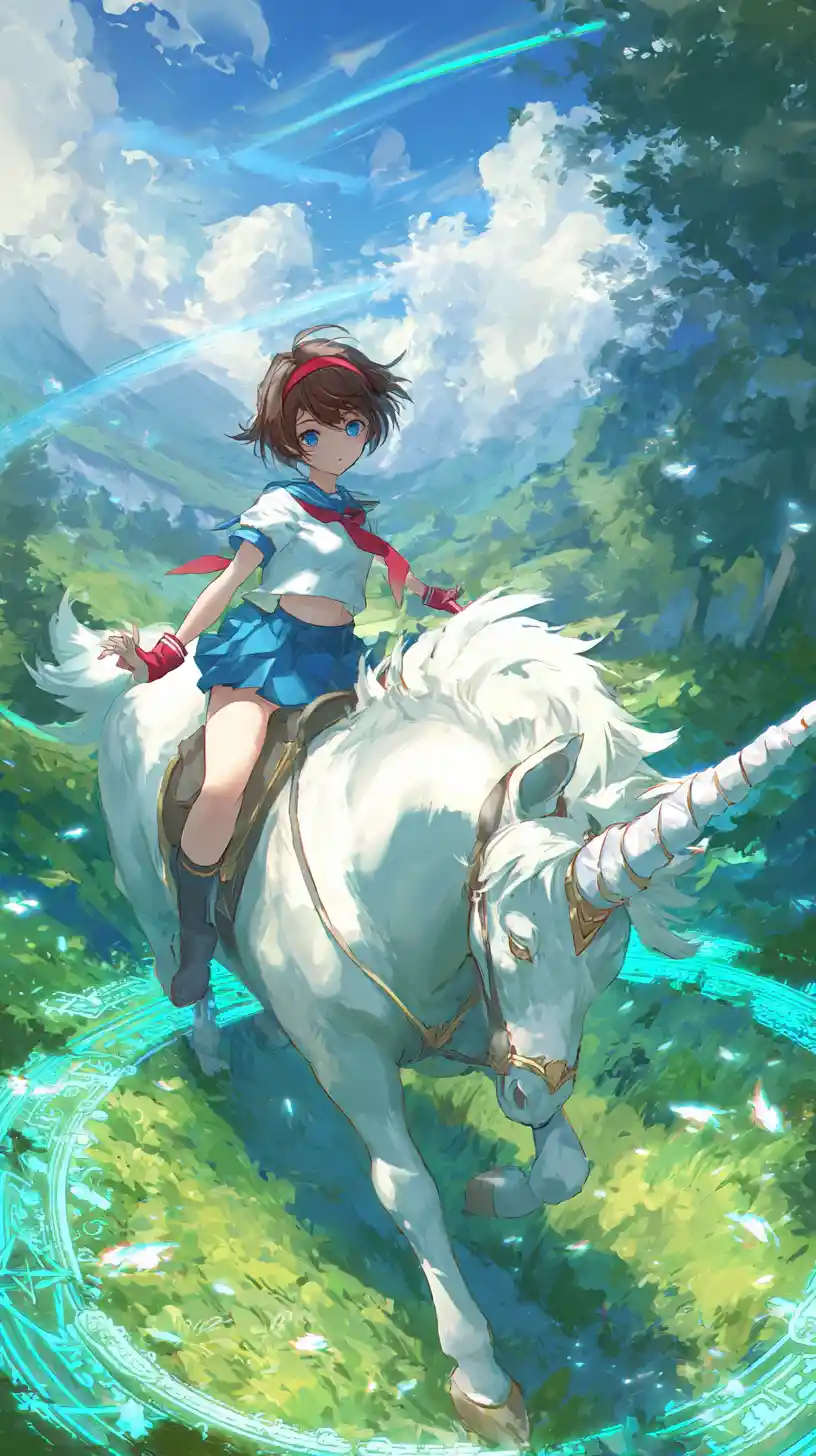 Schoolgirl riding a unicorn across a sunny green meadow