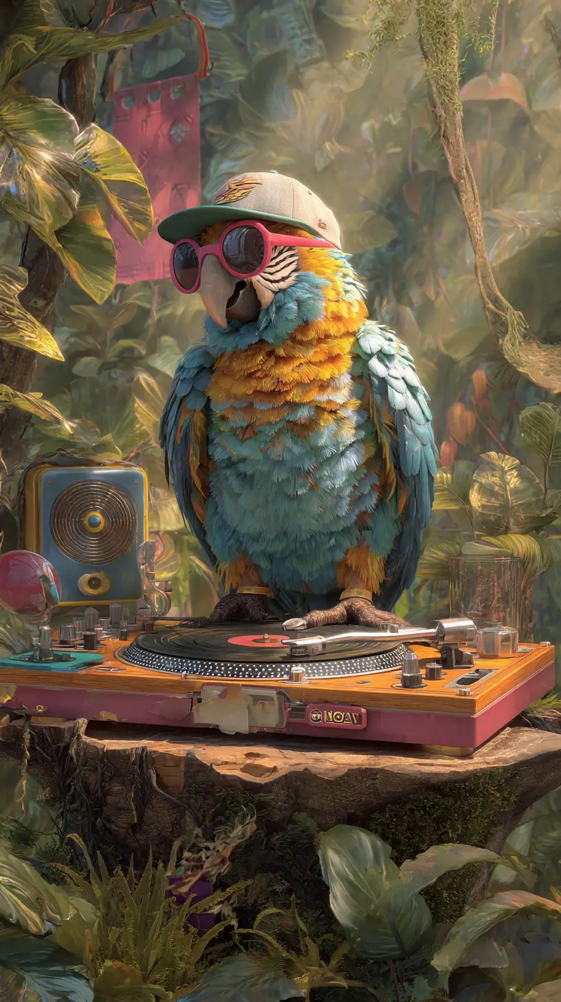 Colorful parrot dj mixing records in a sunlit jungle