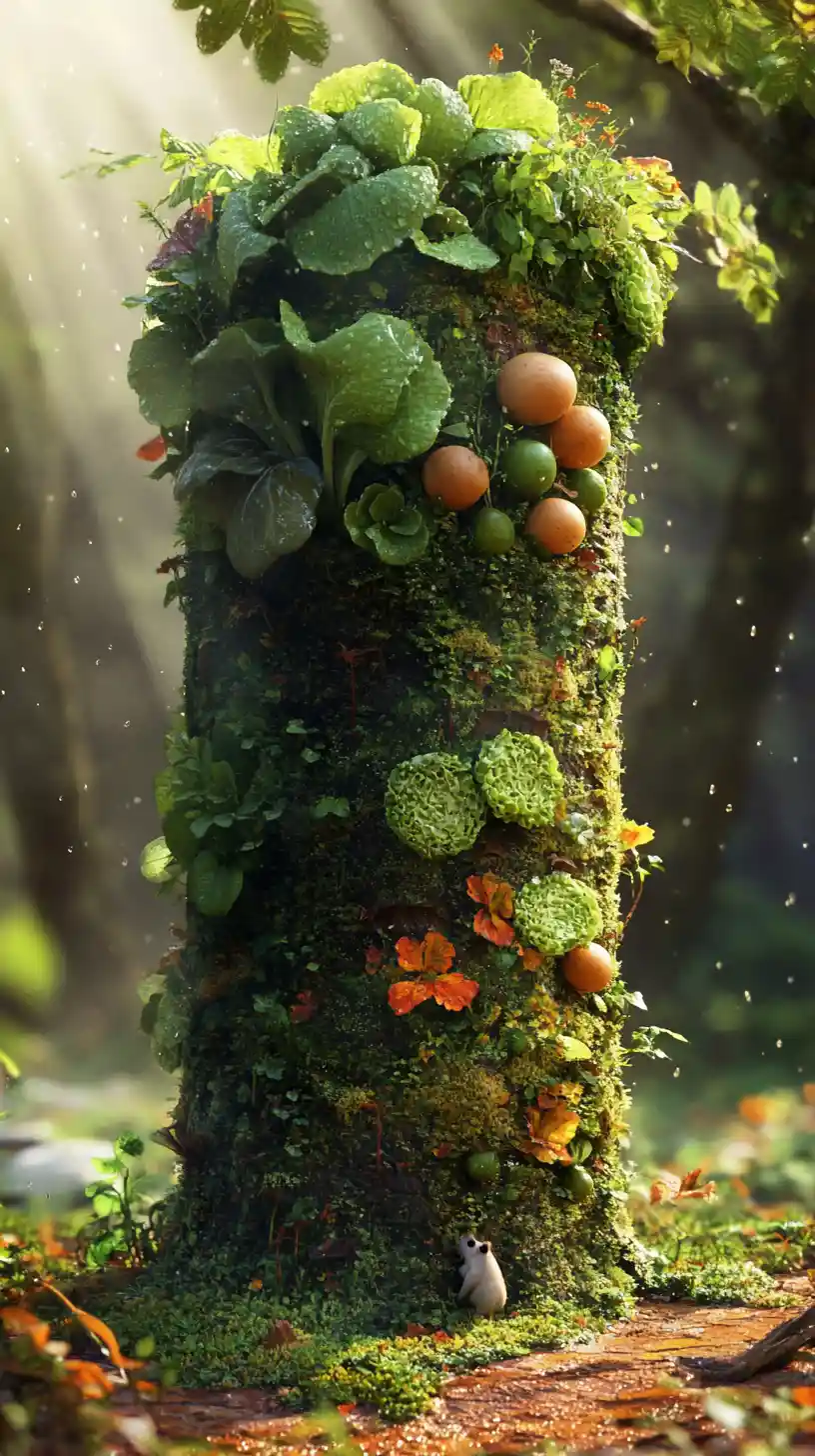 Moss Covered Cylinder Garden In A Sunlit Jungle