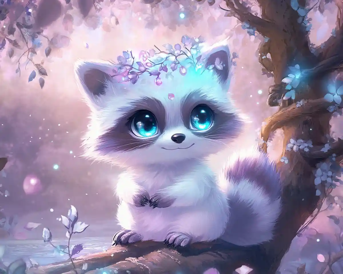 Charming chibi raccoon with crown by a magical tree
