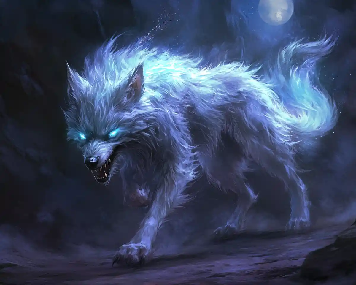 Intimidating silver wolf under moonlit fantasy sky