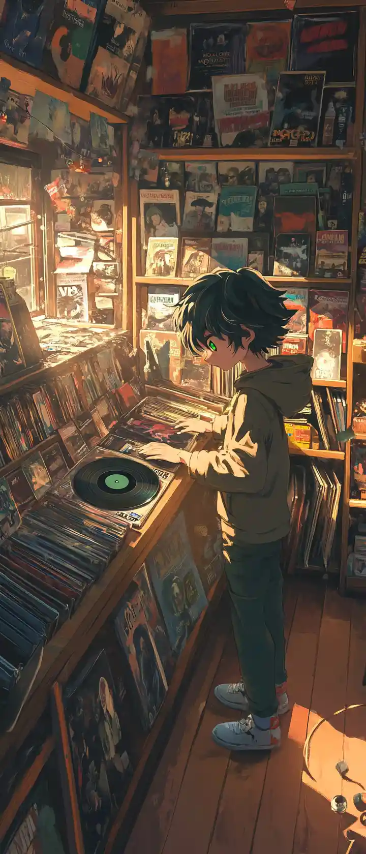 Ragazzo anime che mette vinili in un negozio di dischi vintage illuminato dal sole