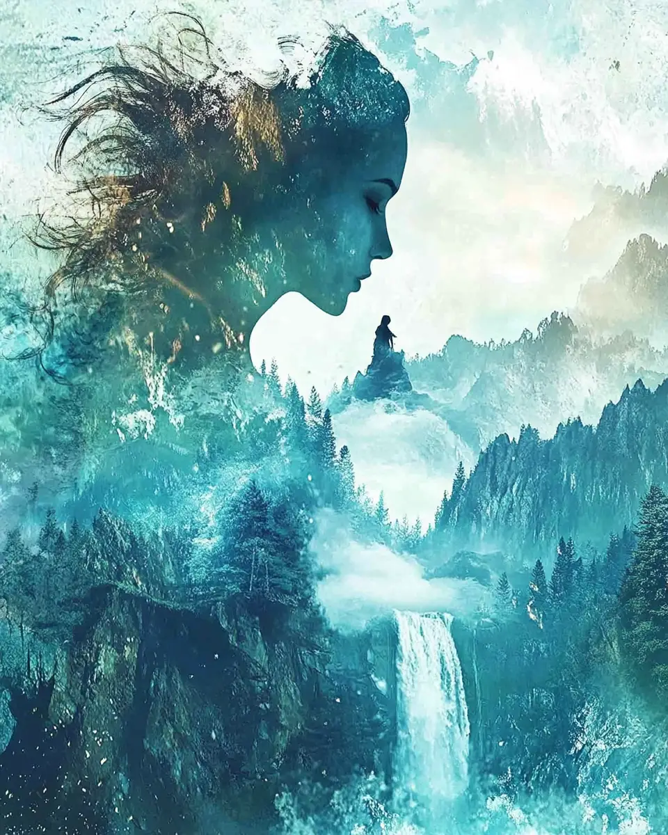 Woman silhouette blended with serene turquoise waterfall
