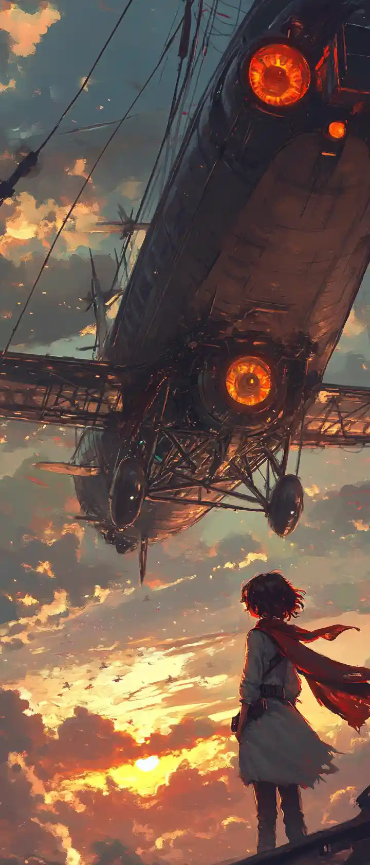 Anime airship adventurer girl at misty dawn dock