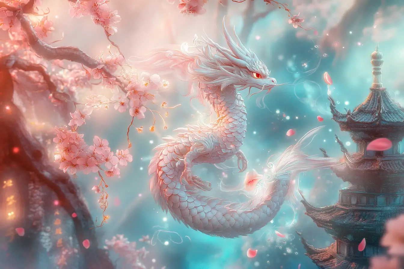 Tiny pastel dragon on glowing cherry blossom branch