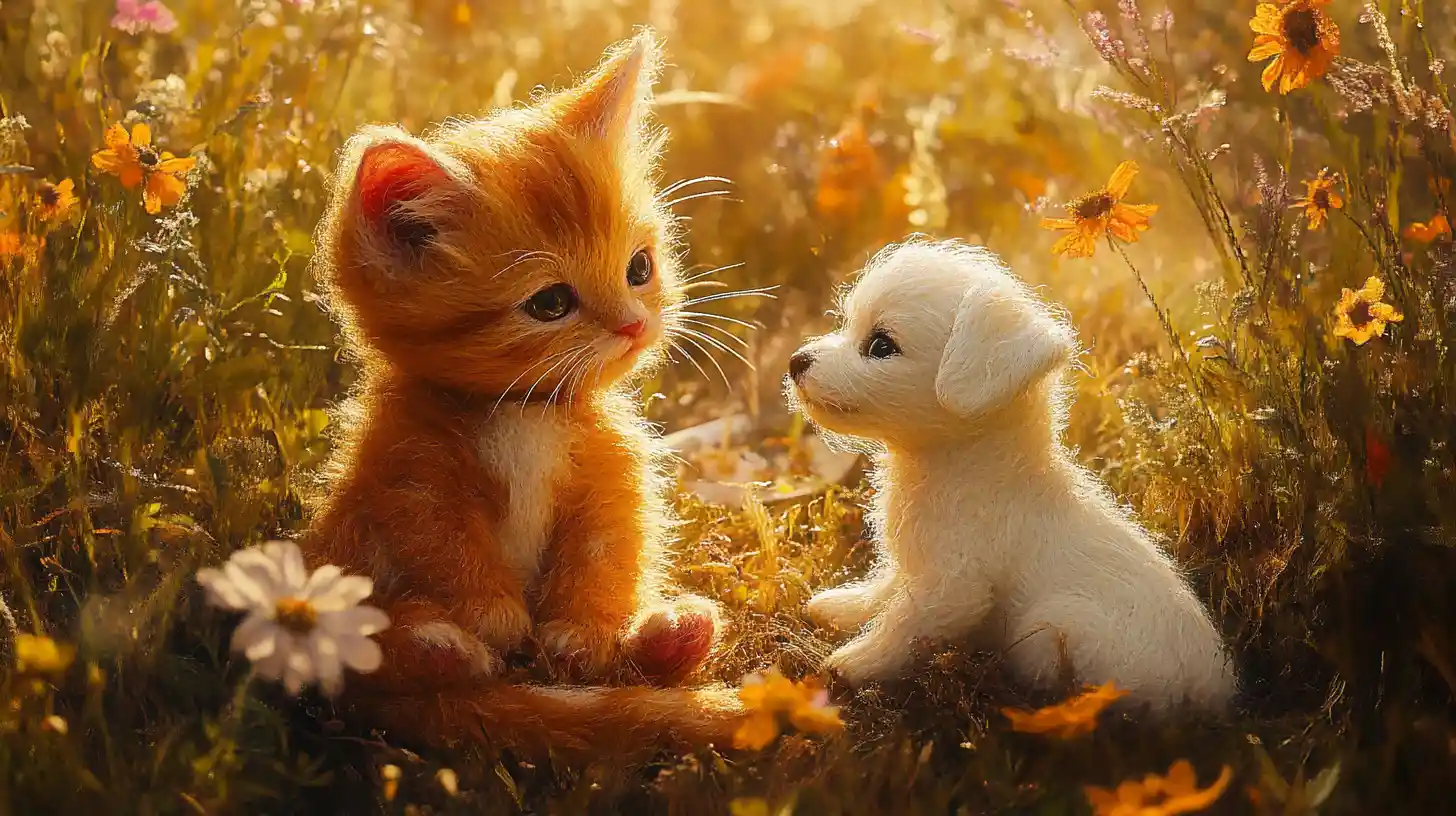 Plush kitten and puppy in a sunny wildflower meadow
