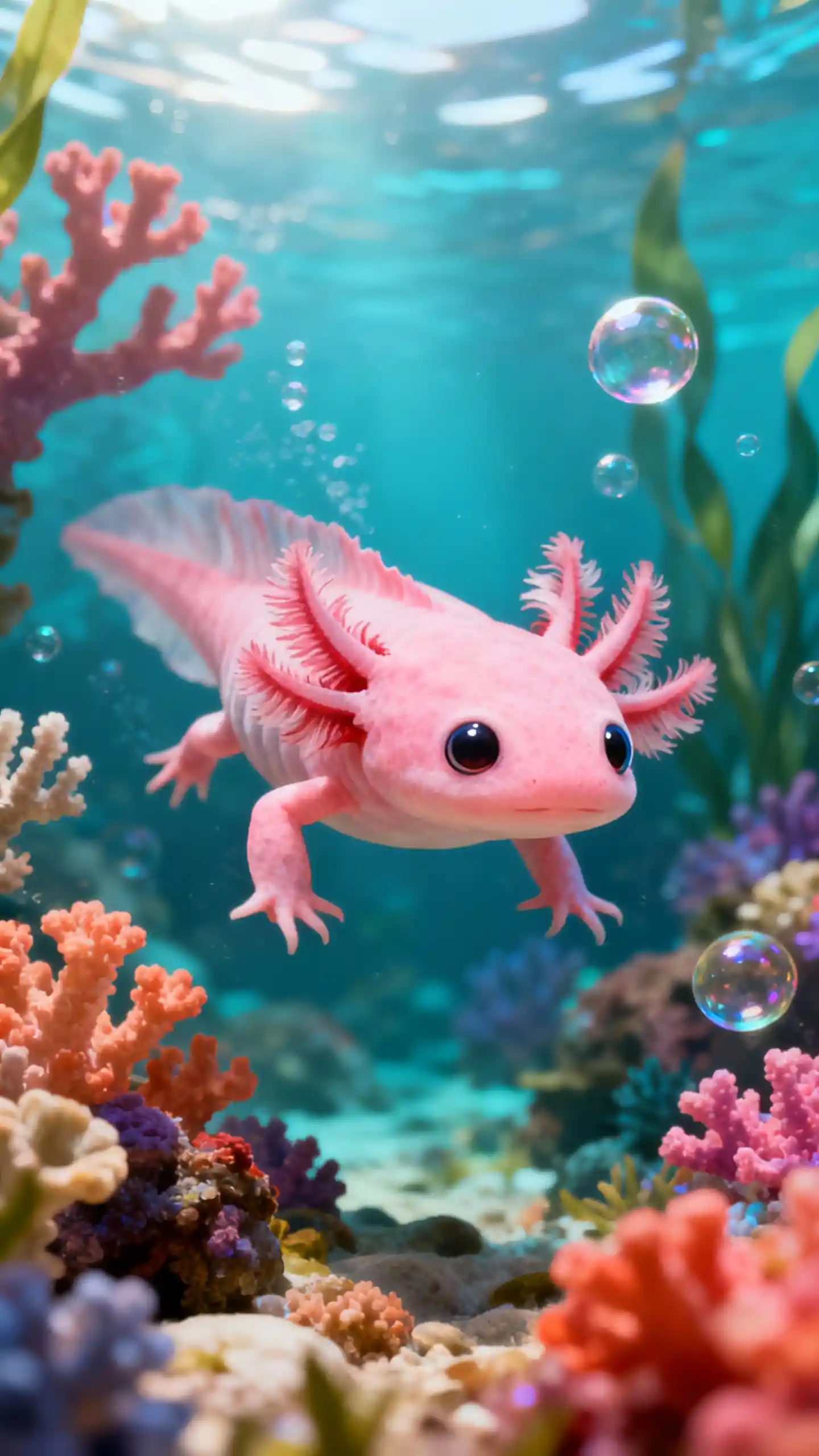 Cute pink axolotl exploring a colorful coral reef