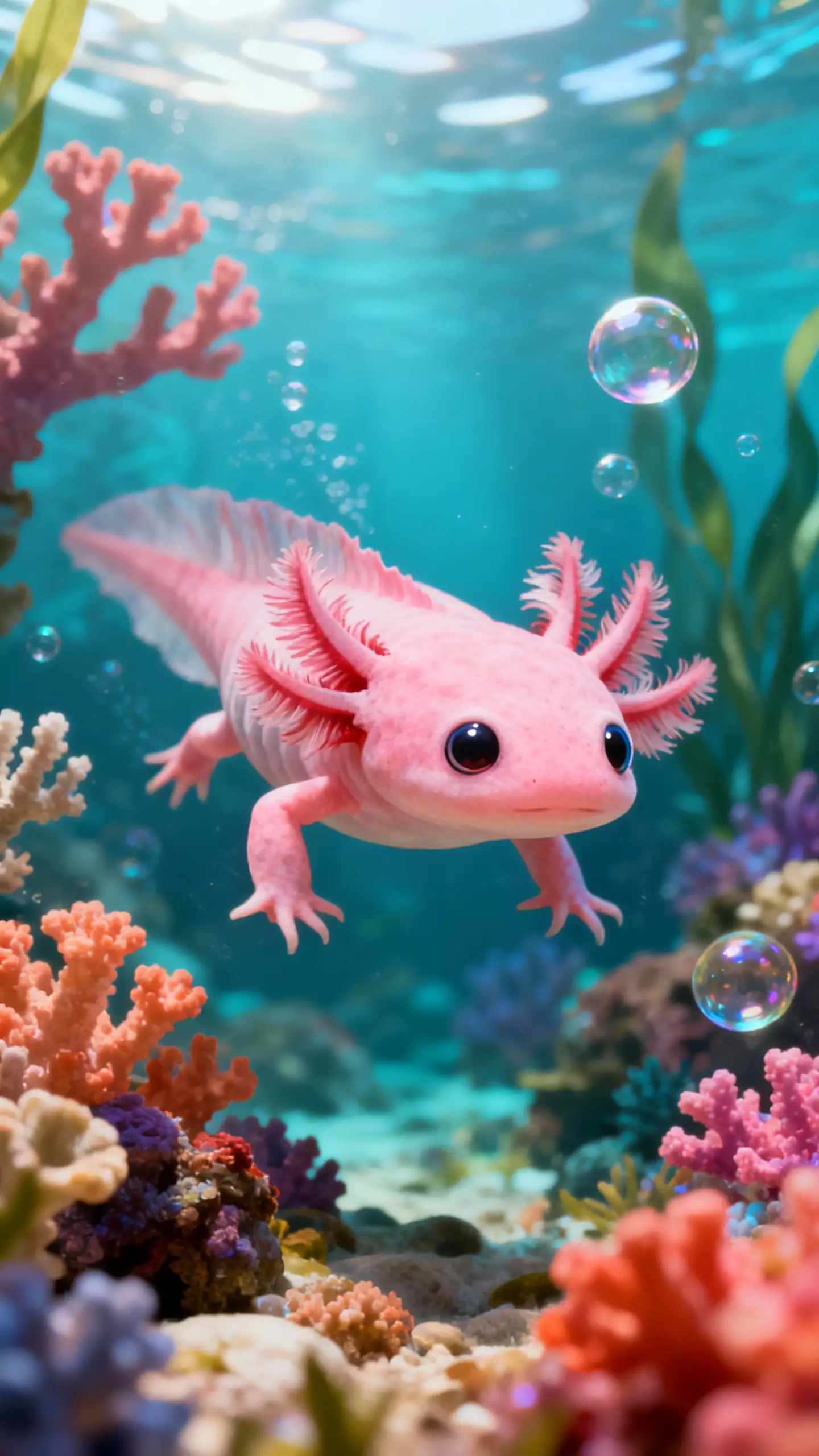 Cute pink axolotl exploring a colorful coral reef