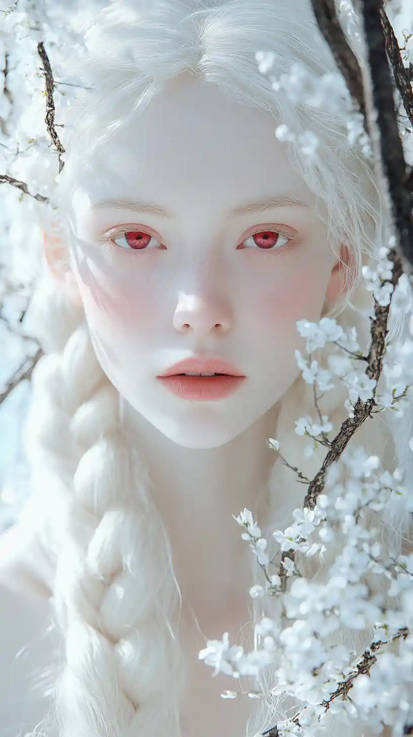 Serene portrait of an albino woman with white braided hair