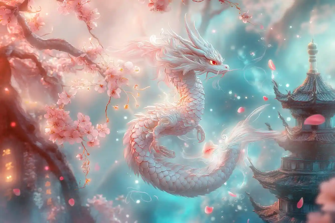 Tiny pastel dragon on glowing cherry blossom branch