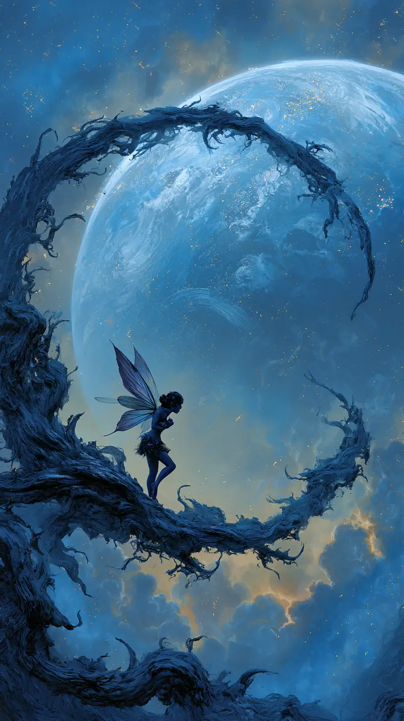 Fairy On Twisted Branch Before Swirling Blue Planet