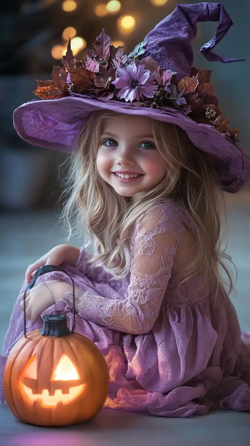 Little girl in mauve witch costume with pumpkin lantern