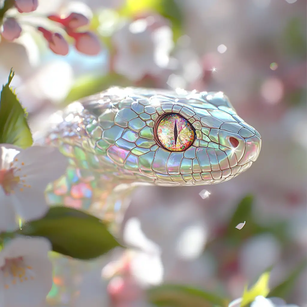 Hyperrealistic Glass Snake Among Cherry Blossom Petals