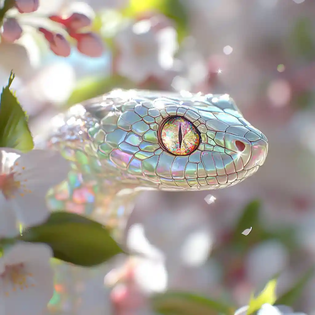 Hyperrealistic Glass Snake Among Cherry Blossom Petals
