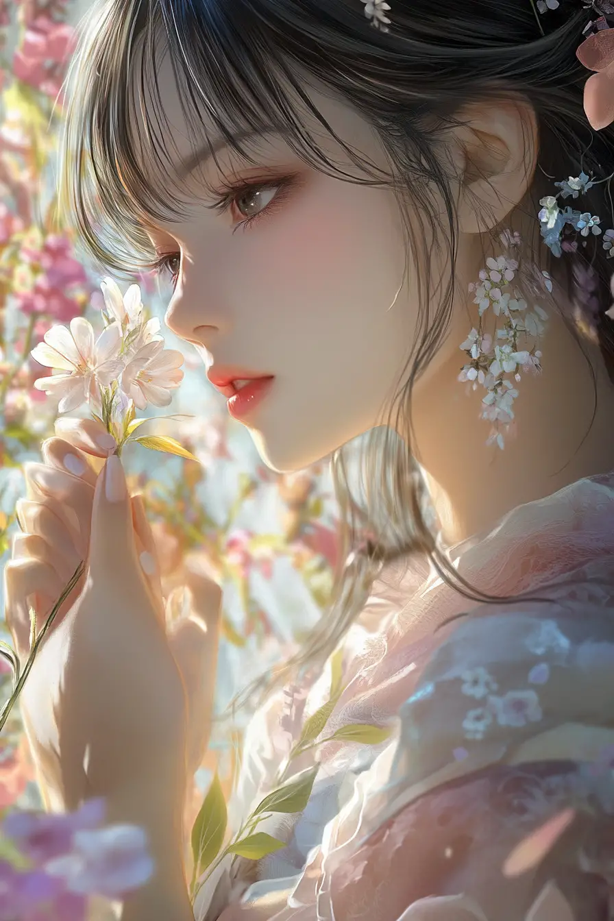 Anime woman portrait holding a delicate flower