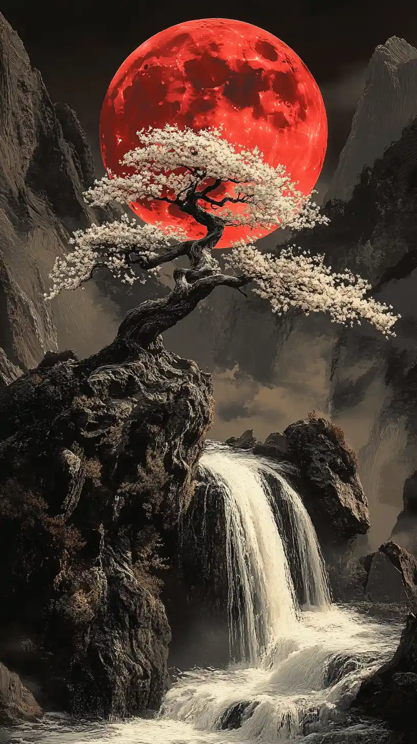 Ancient Cherry Tree Overlooking Waterfall And Red Moon