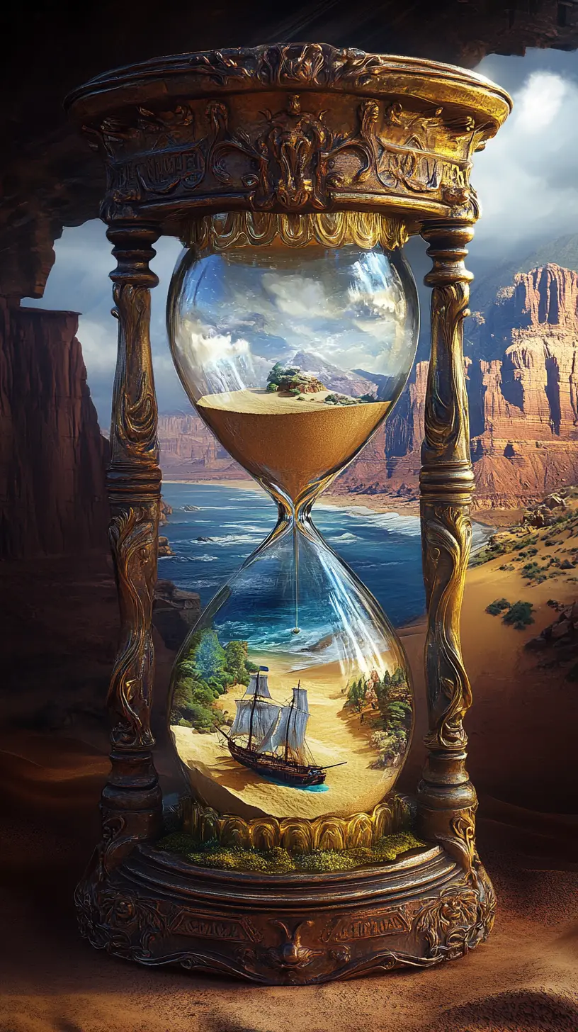 Ornate hourglass in a surreal desert and ocean landscape