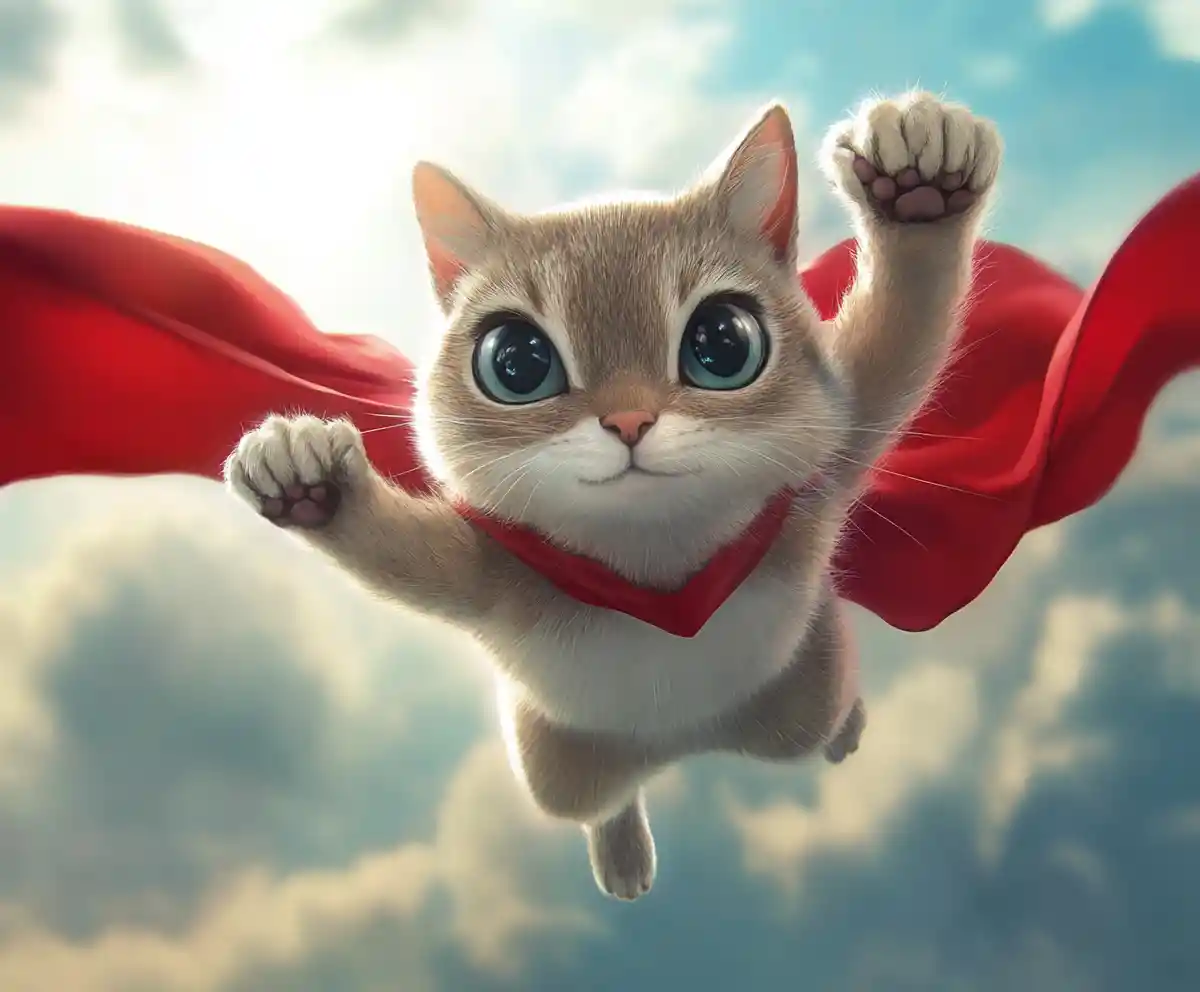 Gato superhéroe volador con capa roja en un cielo nublado