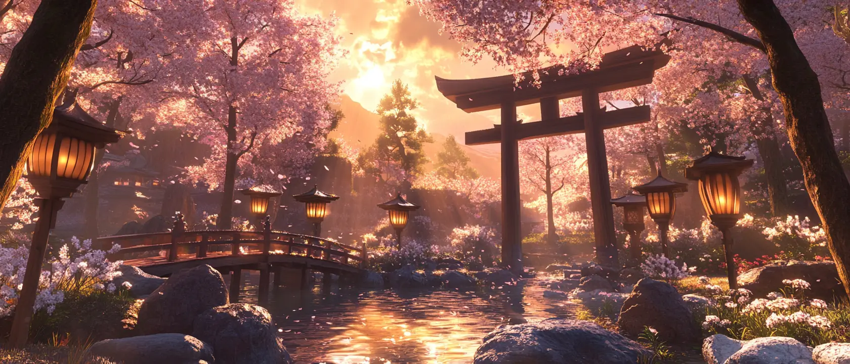 Japanese garden with torii gate and glowing cherry blossoms