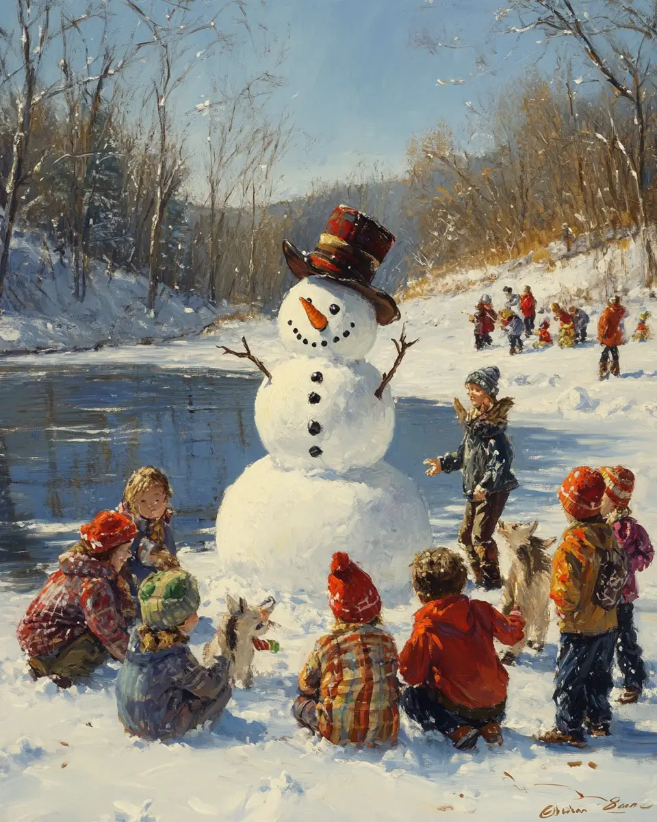Children building a snowman on a frozen snowy lake