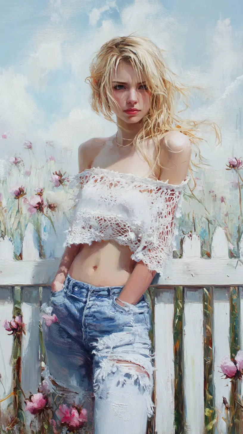 Sad blonde woman by a white garden fence portrait