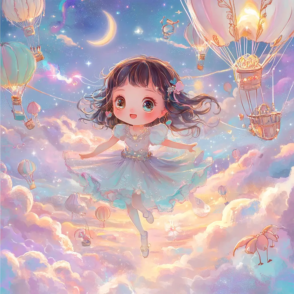 Chibi girl floating happily in a dreamy pastel sky