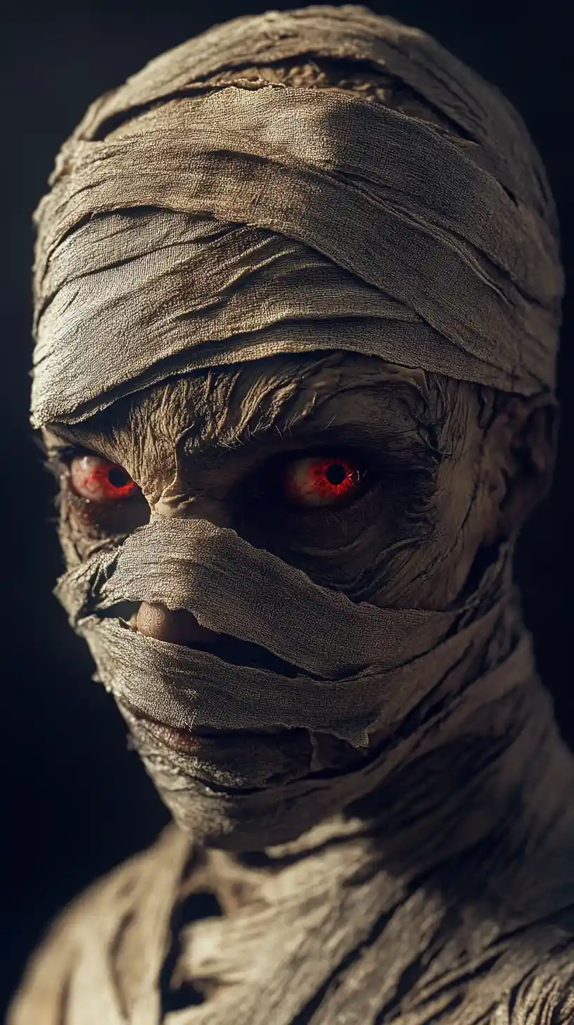 Cinematic close up of a mummy head with red eyes