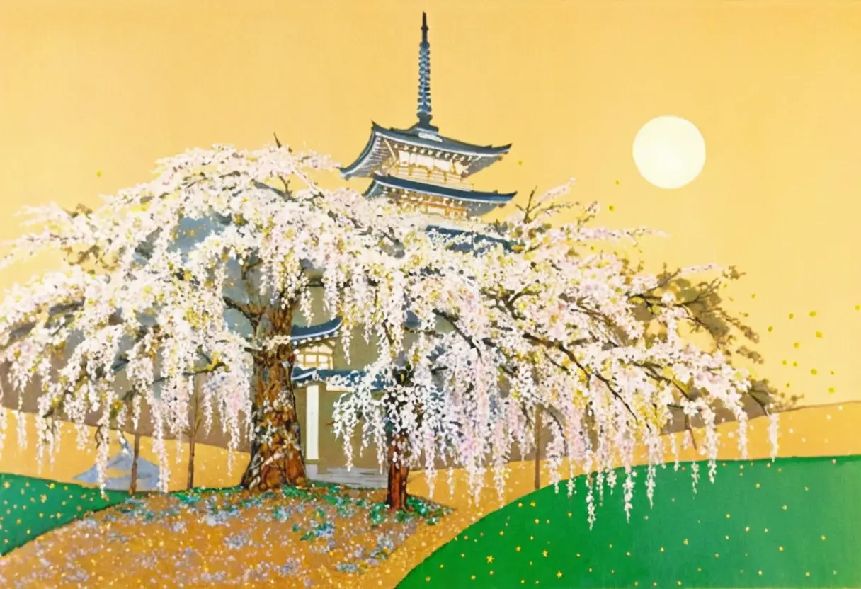 Cherry blossom tree before a distant japanese temple