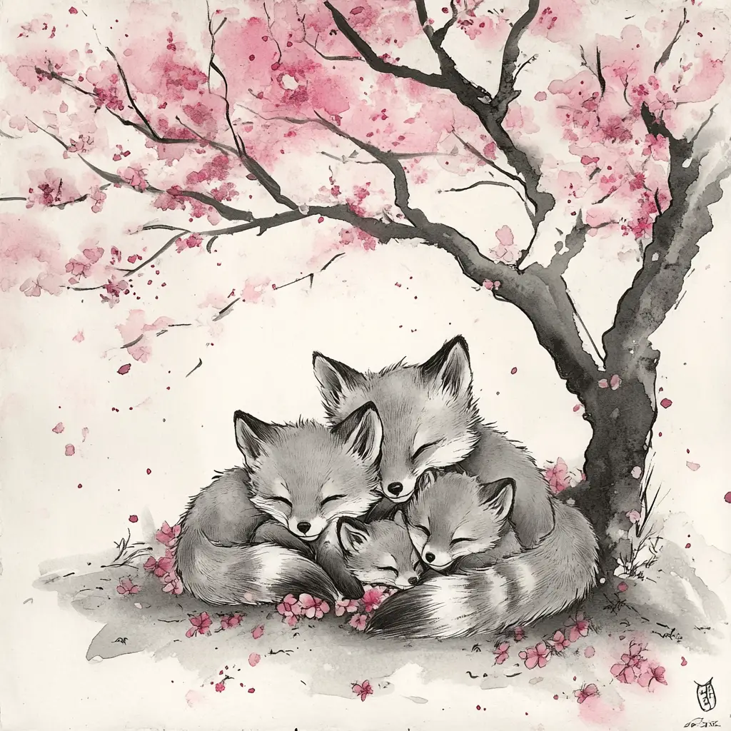 Sumi e fox kits cuddling beneath cherry blossom tree