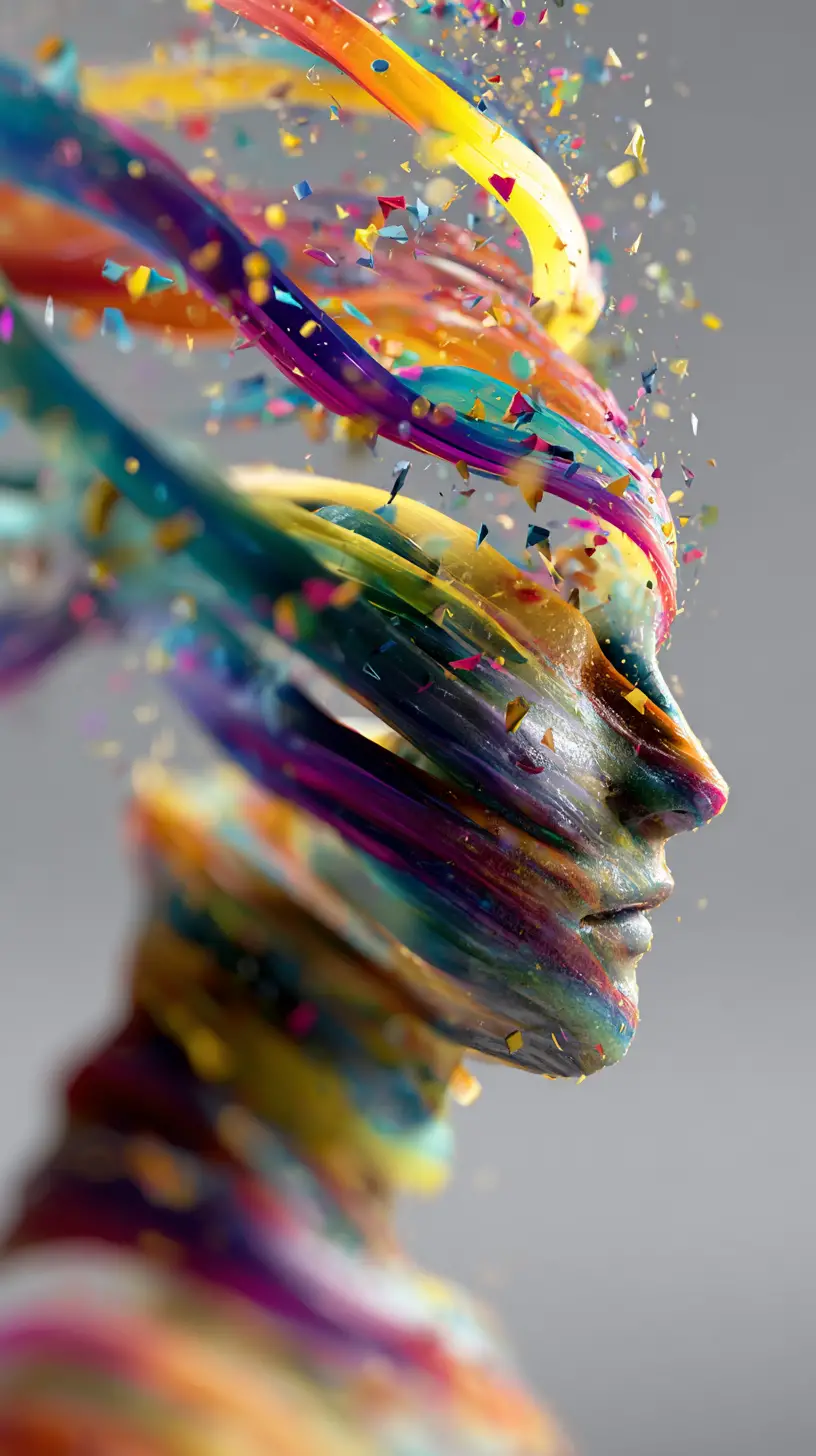 Colorful profile portrait with swirling thoughts tornado