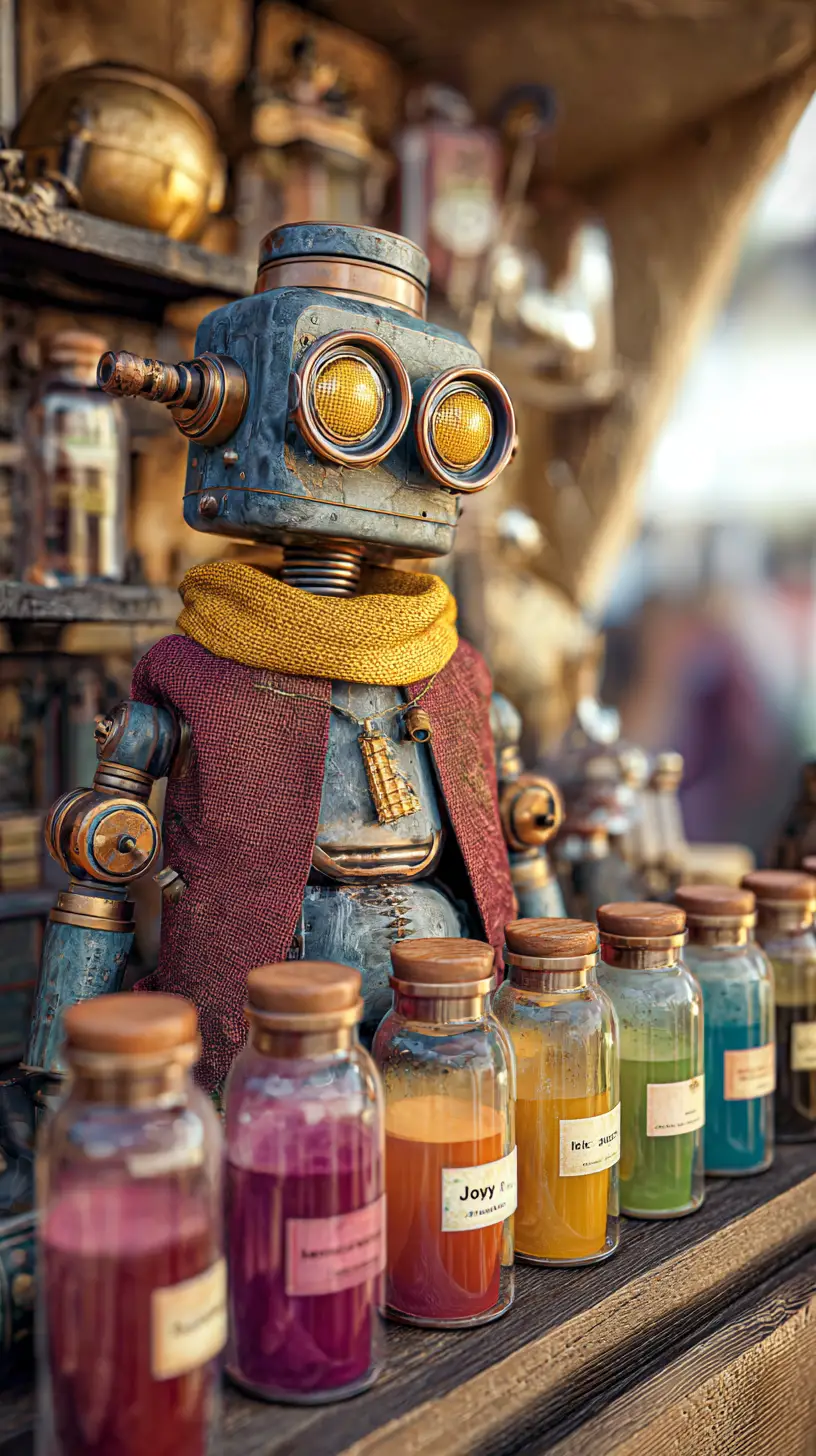Hipster robot selling emotions at a vintage street market