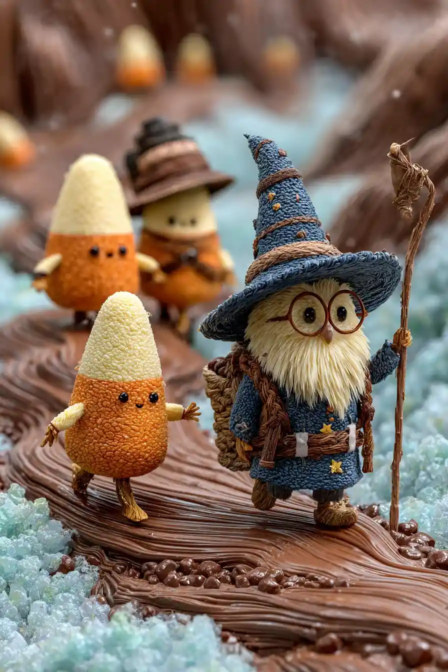 Personagens de candy corn atravessando um rio de chocolate derretido