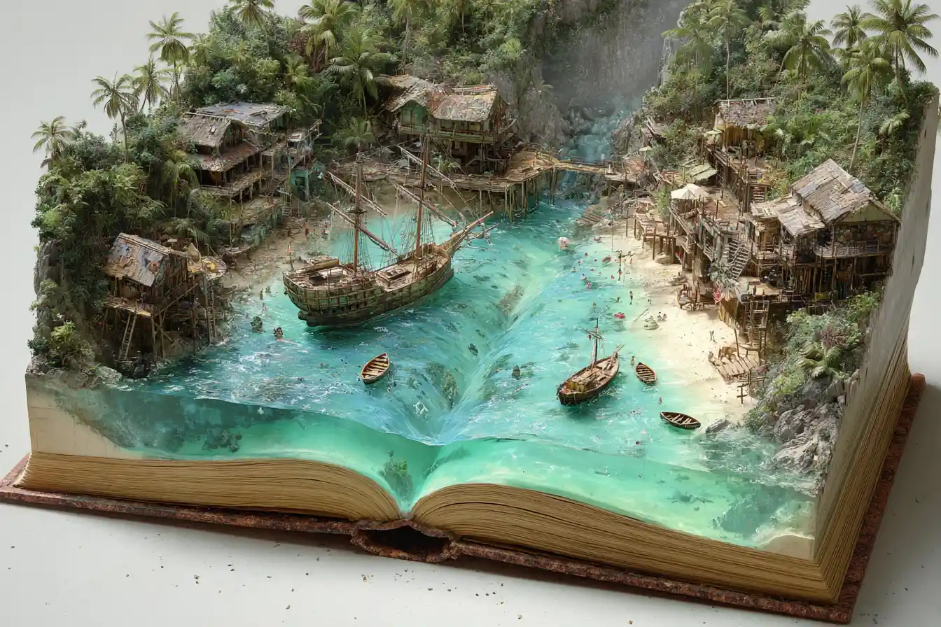 Offenes Buch mit lebendiger 3D-Piratenbucht-Szene
